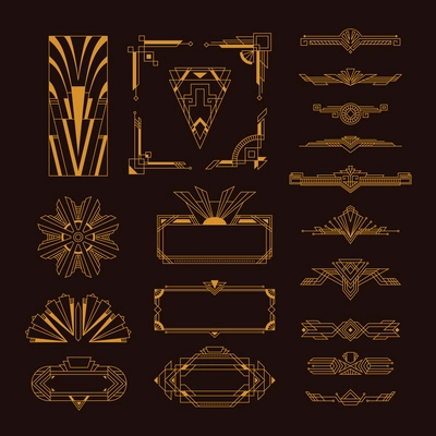 Art deco golden elegant vintage style decorative elements frames templates set black background isolated vector illustration