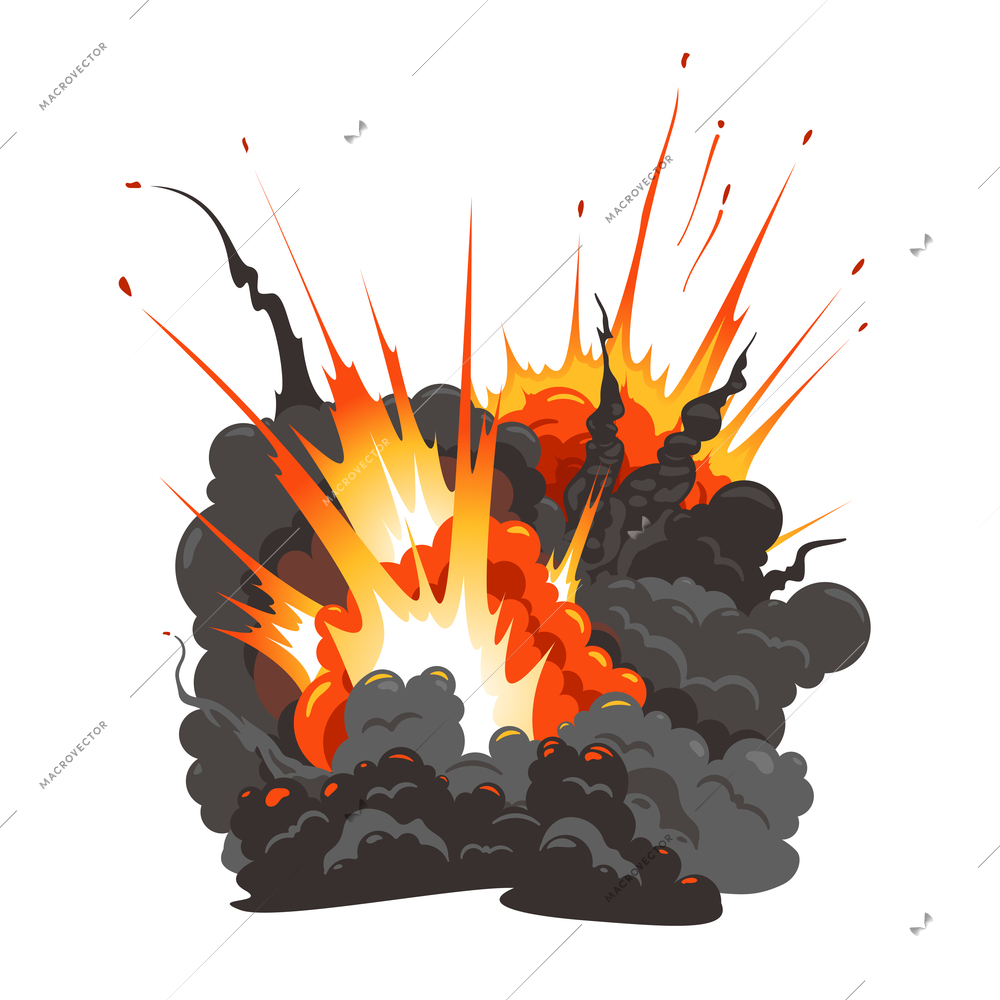 Bomb explosion isolated colorful image of large blast bang flying debris fire dark grey cloud vector illustration