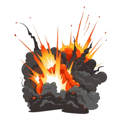 Bomb explosion isolated colorful image of large blast bang flying debris fire dark grey cloud vector illustration