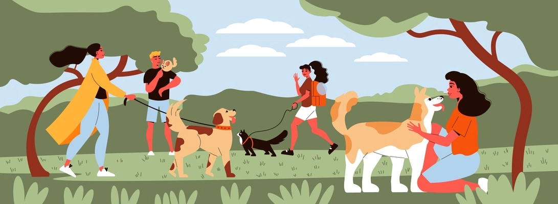 People pets composition with outdoor landscape park trees and doodle style people walking with their pets vector illustration