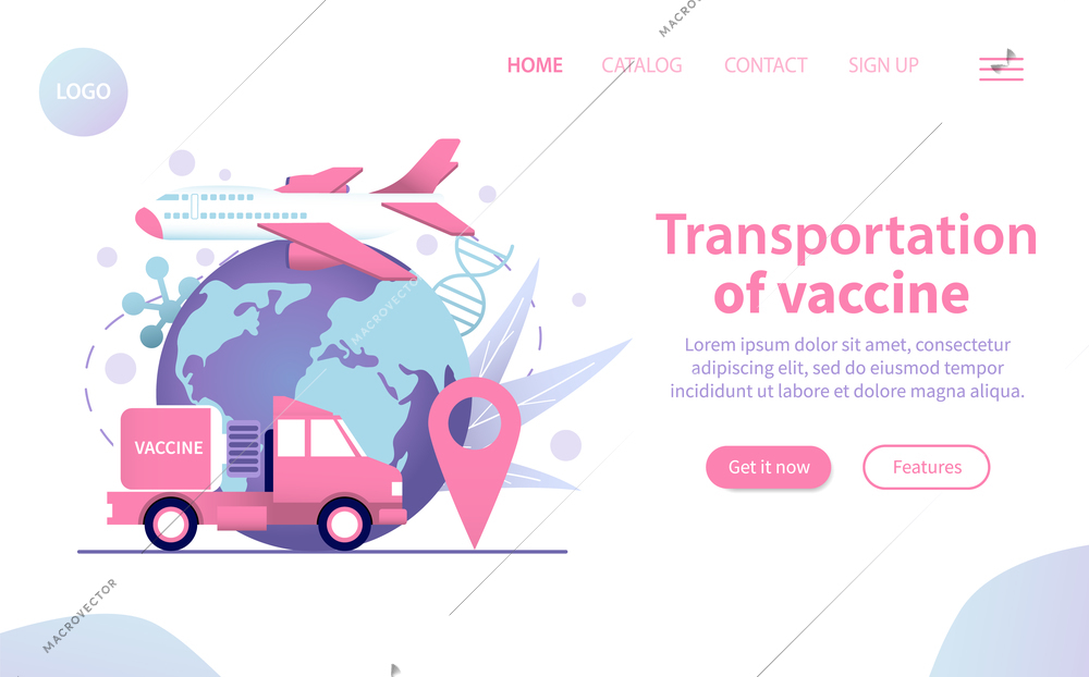 Transportation of covid19 vaccine web site page with flat icons of truck earth plane vector illustration