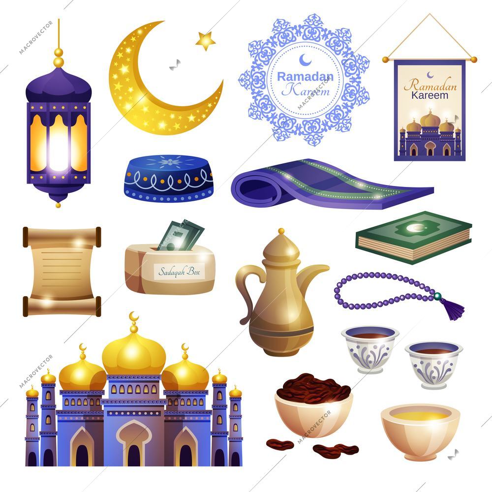 Ramadan set of isolated icons with mosque and koran books with dishes teapot and prayer beads vector illustration