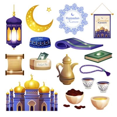 Ramadan set of isolated icons with mosque and koran books with dishes teapot and prayer beads vector illustration