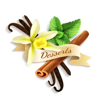 Spices delicious dessert flavors ribbon badge with vanilla mint and cinnamon vector illustration