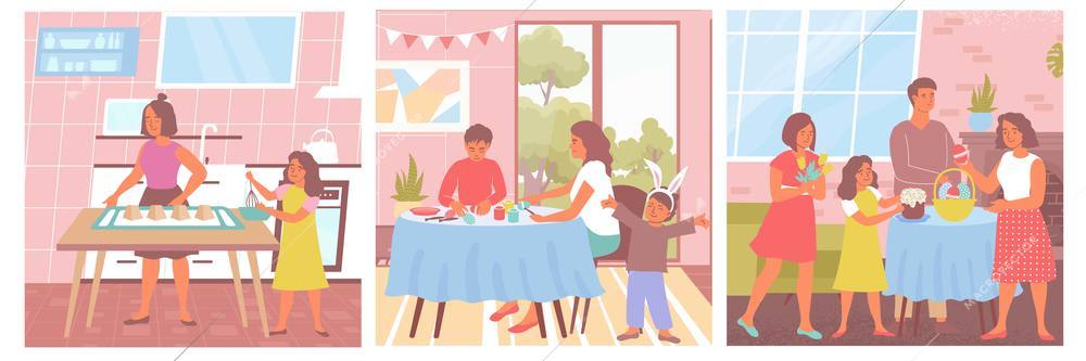 Happy easter flat isolated illustrations with funny people celebrating holiday at home vector illustration