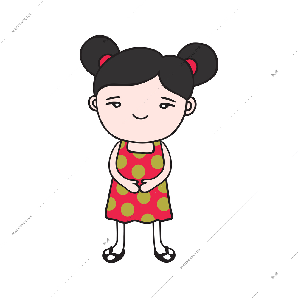 Smiling asian girl on white background doodle vector illustration