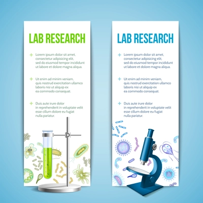 Bacteria and virus lab research vertical banners with test tube and microscope isolated vector illustration