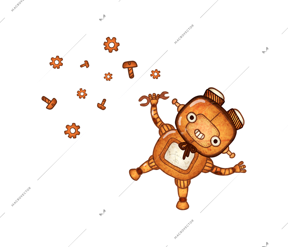 Cartoon icon of small cute cyborg and spare parts isolated vector illustration