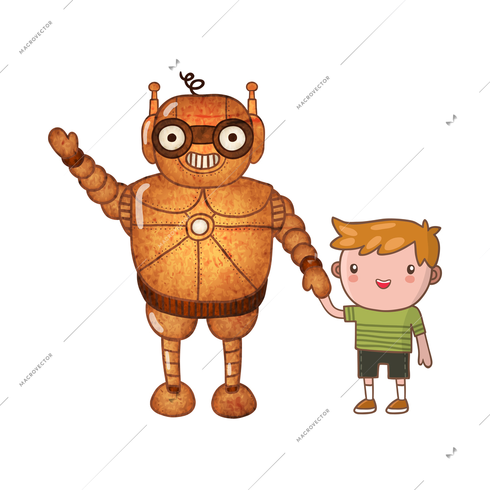 Friendly cyborg holding little boy hand cartoon vector illustration