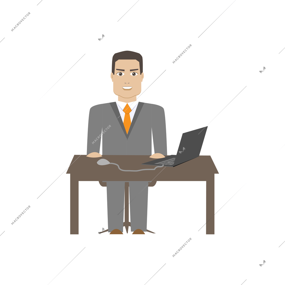Office worker at his desk with computer flat vector illustration