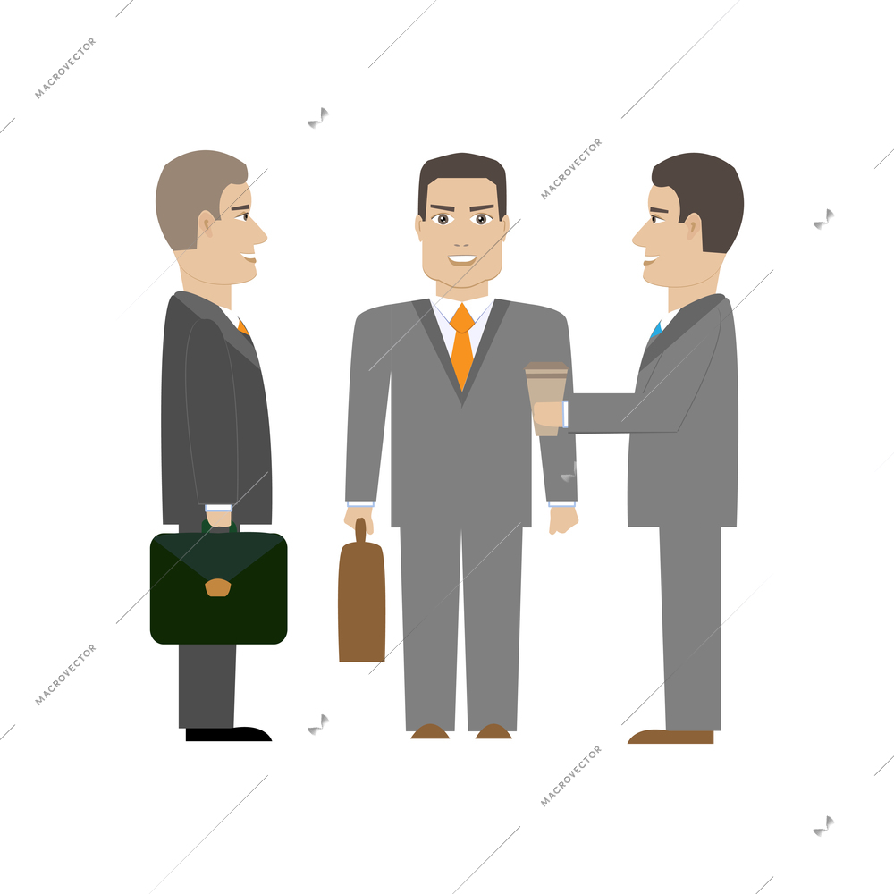 Three business people with suitcases and coffee talking flat vector illustration