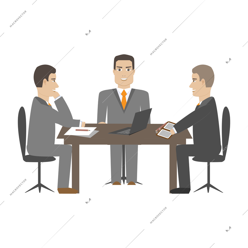 Three people at meeting in office flat vector illustration