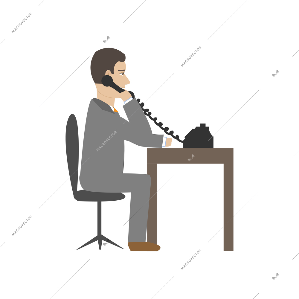 Flat icon with business man talking on phone at his work place vector illustration