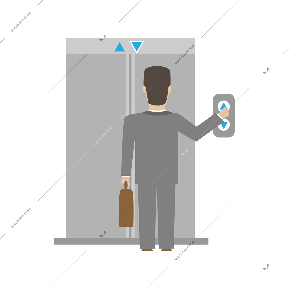 Office worker in suit pressing elevator button flat vector illustration