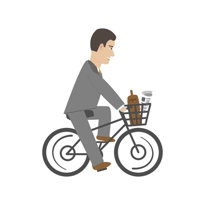 Business man with suitcase and newspaper in basket riding bike flat vector illustration