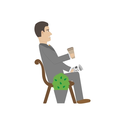 Smiling business man sitting on bench with coffee and newspaper flat vector illustration