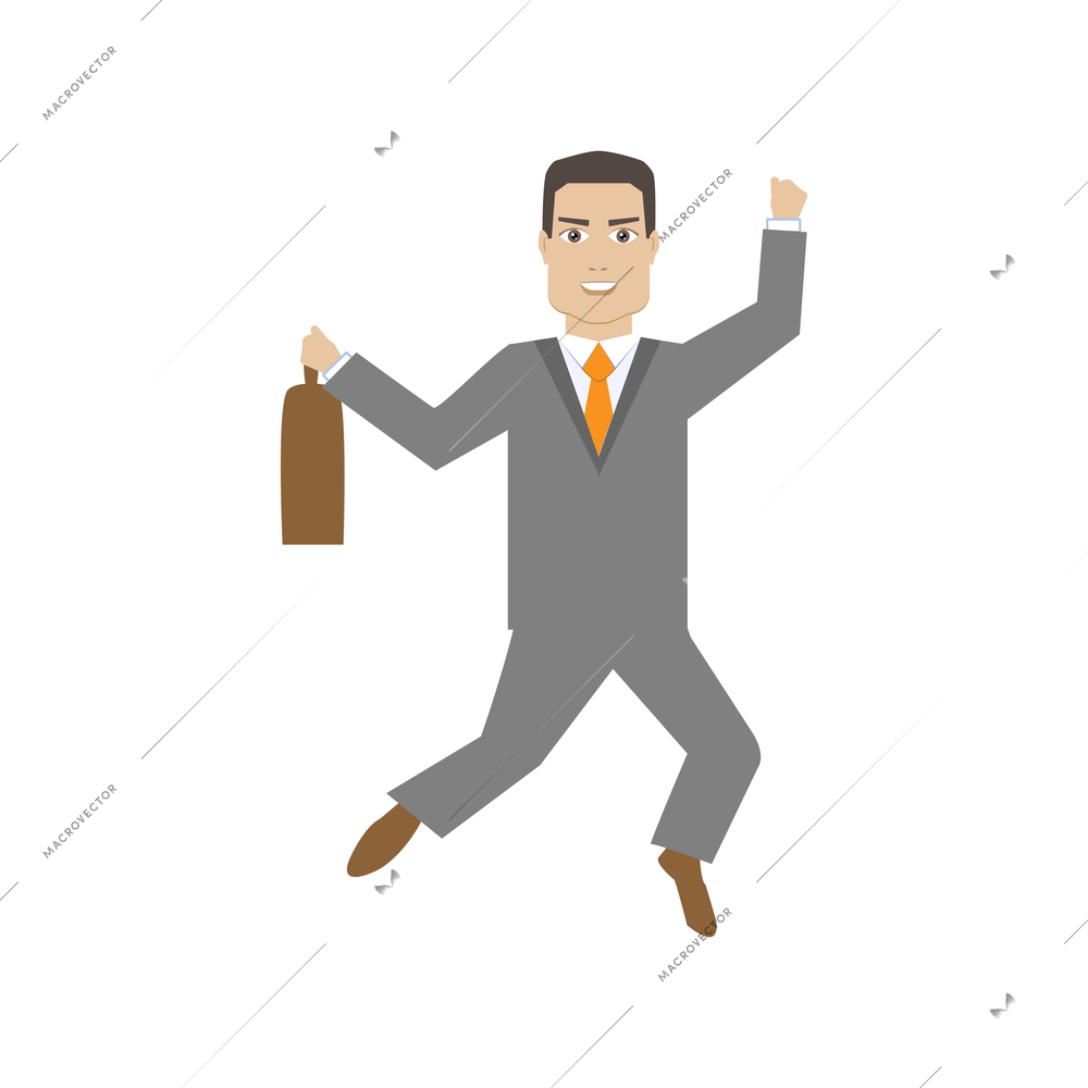 Happy jumping office man with suitcase flat vector illustration