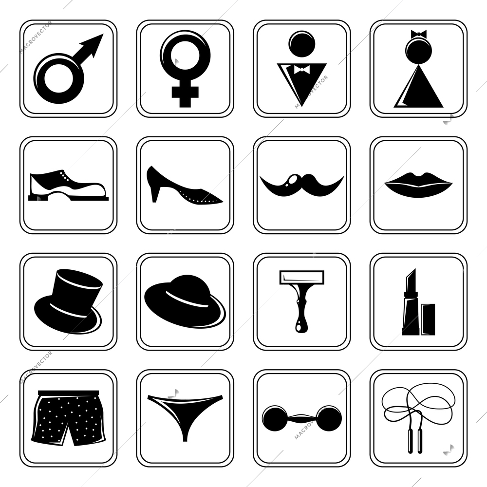 Gender symbols restroom black icons set isolated vector illustration.