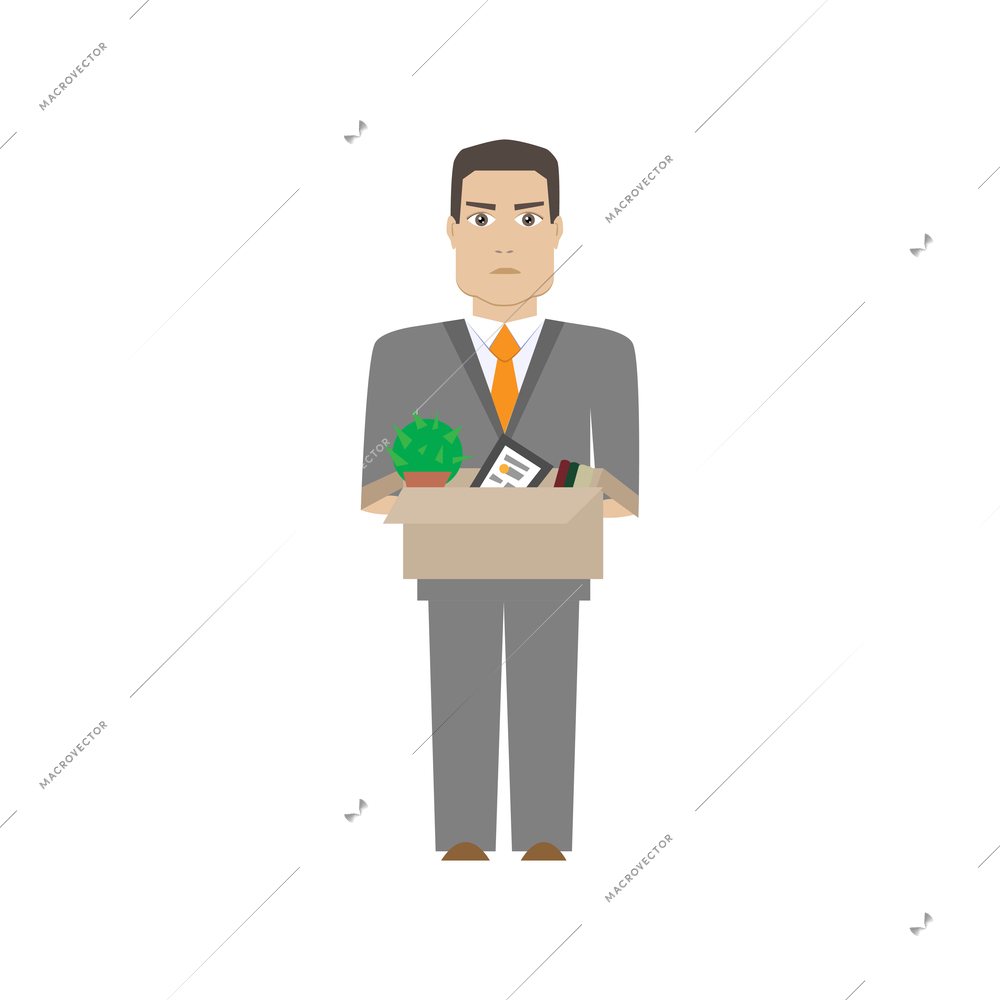 Flat male office worker holding box with personal things vector illustration