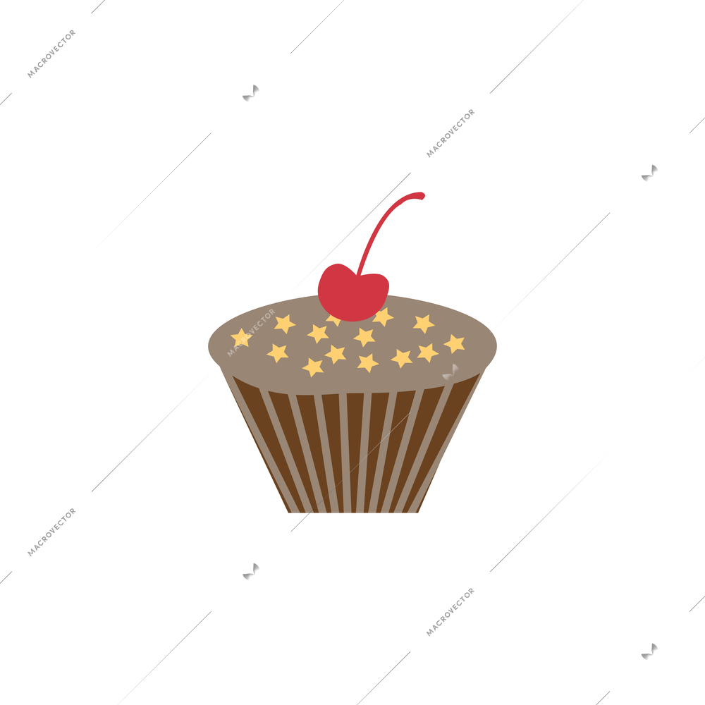 Muffin decorated with cherry and stars flat icon vector illustration