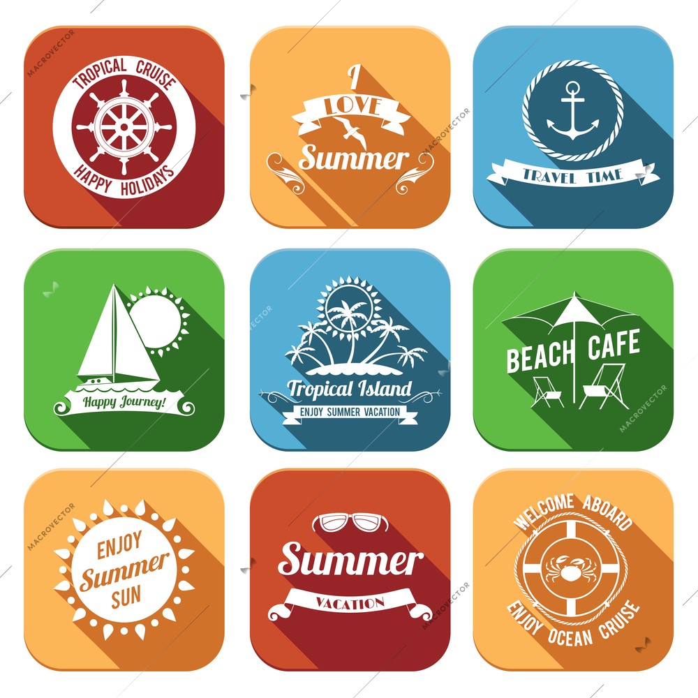 Summer sea retro vacation travel time tropical island flat emblems set isolated vector illustration