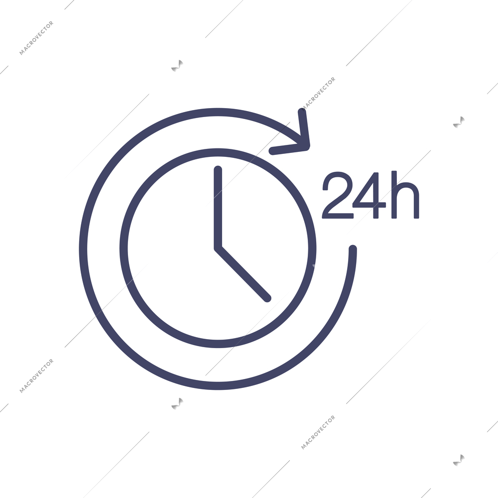 Simple 24 hours time icon with clock face and arrow flat vector illustration