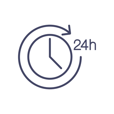 Simple 24 hours time icon with clock face and arrow flat vector illustration