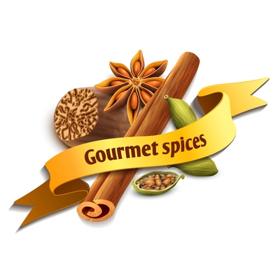 Gourmet spices delicious flavors ribbon badge with cinnamon nutmeg anise star cardamom vector illustration