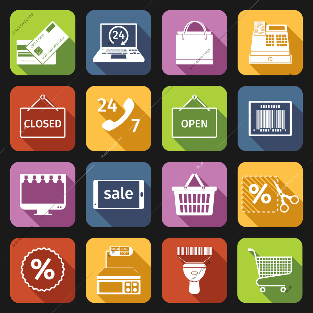 Online shopping e-commerce advertising website flat icons set isolated vector illustration