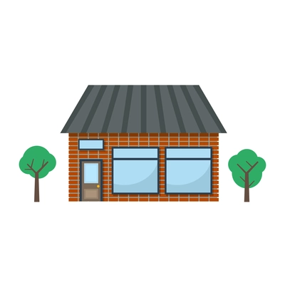 Brick shop building with big windows flat vector illustration