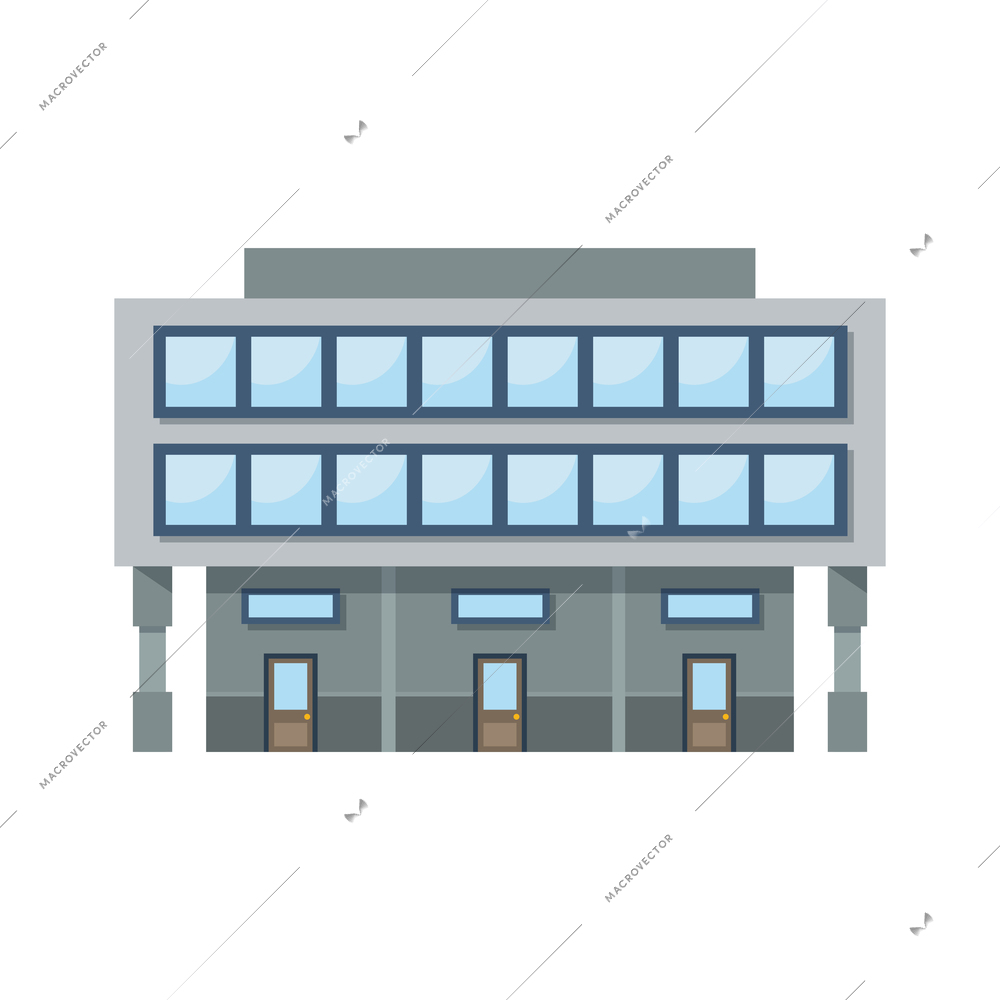 Detailed commercial building with three entrances front view flat vector illustration