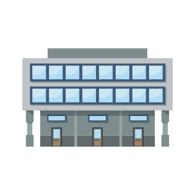 Detailed commercial building with three entrances front view flat vector illustration