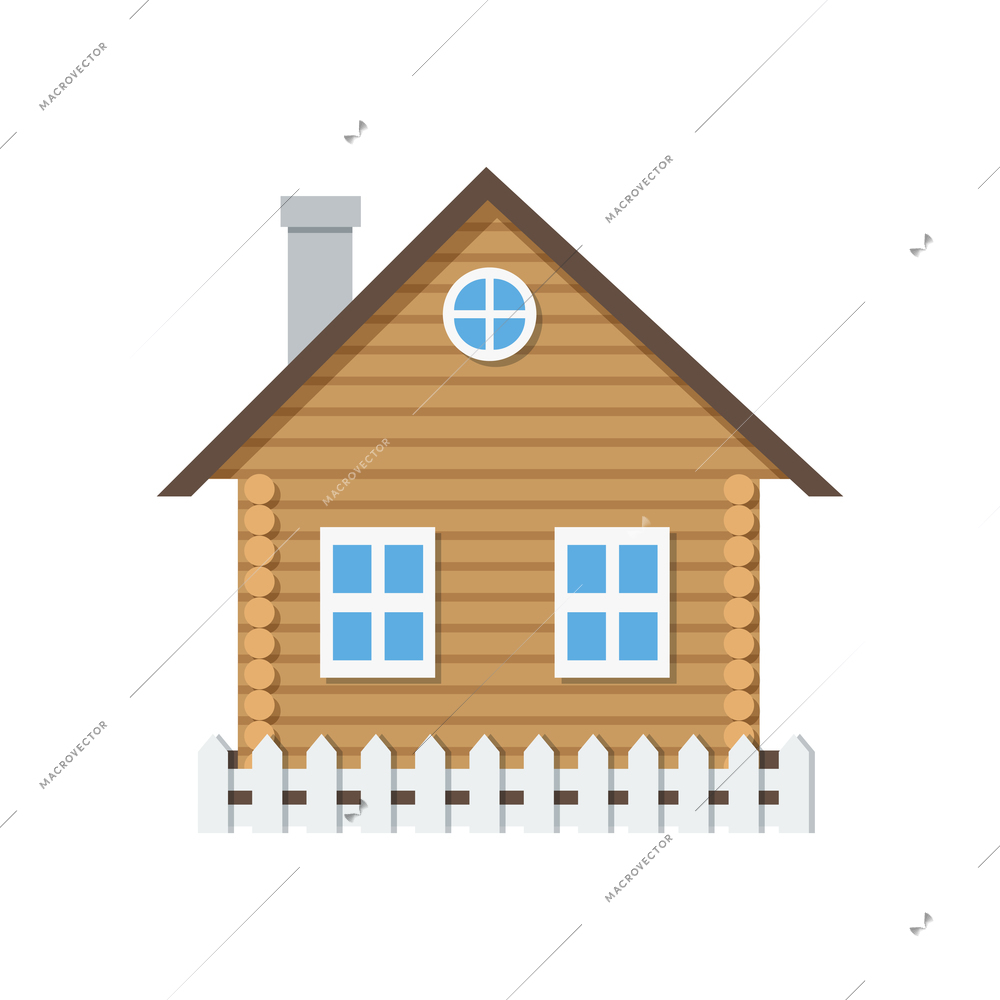 Wooden private house with low gate flat vector illustration