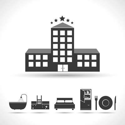 Five stars hotel concept with black amenities icons isolated vector illustration