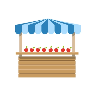 Wooden greengrocer market stall with apples flat vector illustration