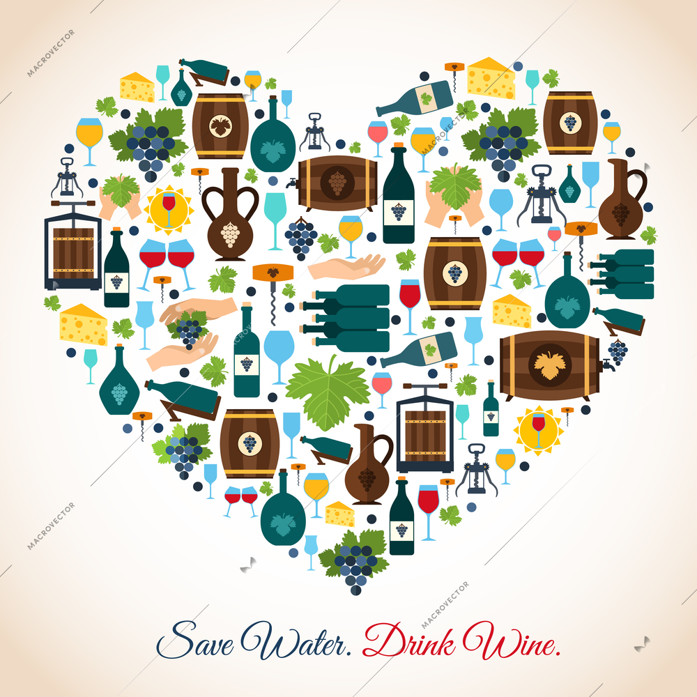 Drink wine save water decorative icons heart vector illustration