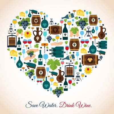 Drink wine save water decorative icons heart vector illustration