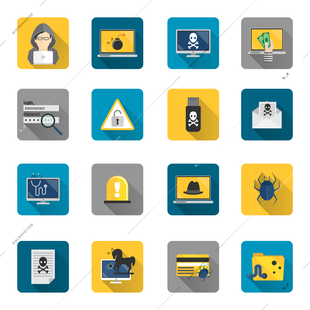 Hacker and computer safety and protection technology flat button icons set isolated vector illustration