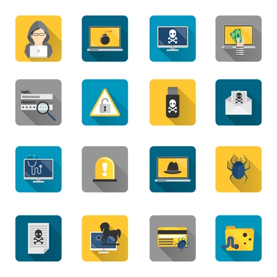 Hacker and computer safety and protection technology flat button icons set isolated vector illustration