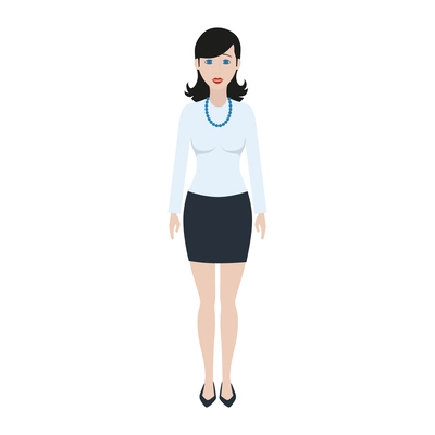 Pretty office woman wearing black skirt blue blouse and necklace flat vector illustration