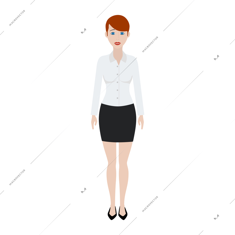 Office woman wearing short black skirt and white blouse flat vector illustration