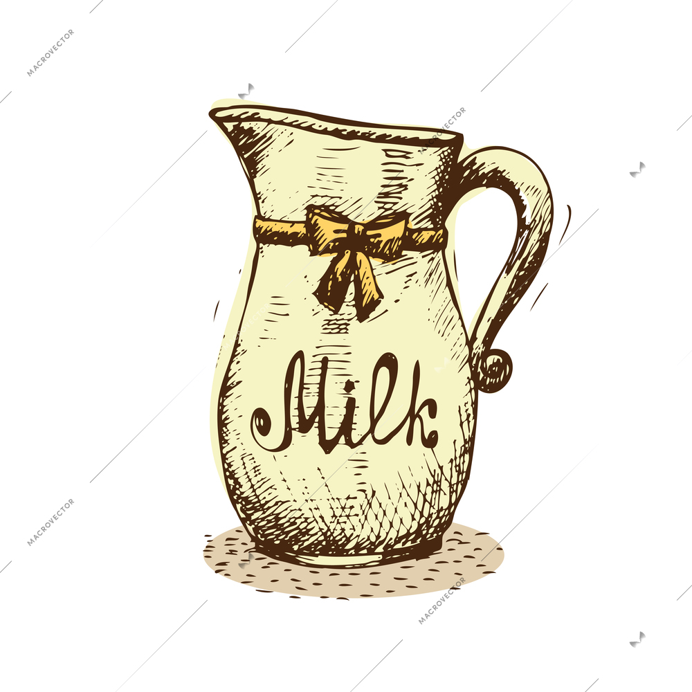Milk jar with ribbon and vintage handle doodle vector illustration