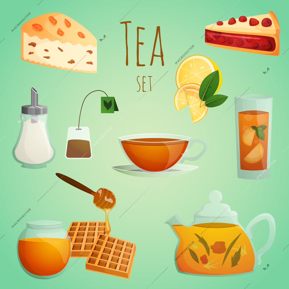 Tea decorative icons colored set with beverage and dessert isolated vector illustration