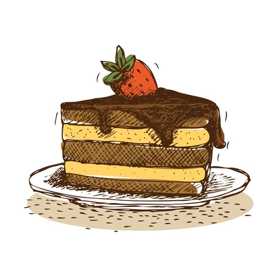 Sweet berry cake with chocolate on plate doodle vector illustration