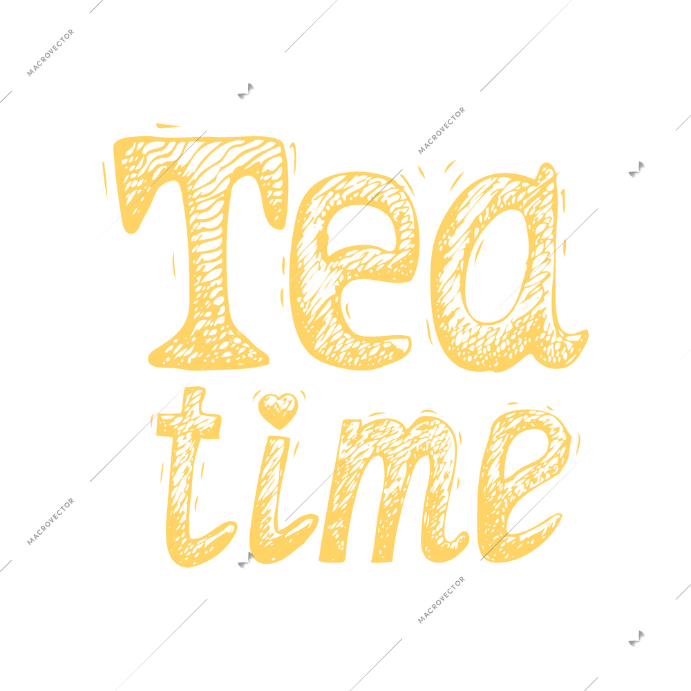 Yellow tea time text on white background hand drawn vector illustration