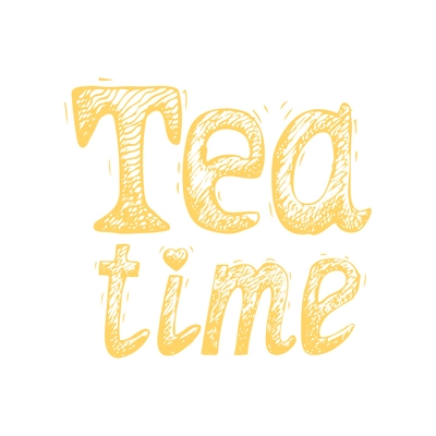 Yellow tea time text on white background hand drawn vector illustration