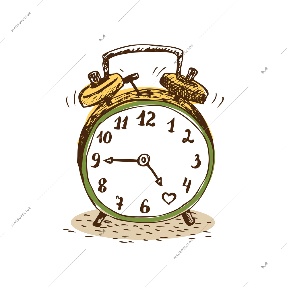 Vintage alarm clock on white background doodle vector illustration