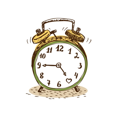 Vintage alarm clock on white background doodle vector illustration