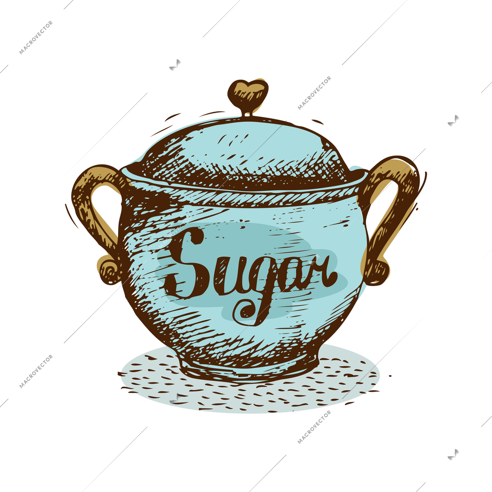 Hand drawn vintage blue sugar bowl vector illustration