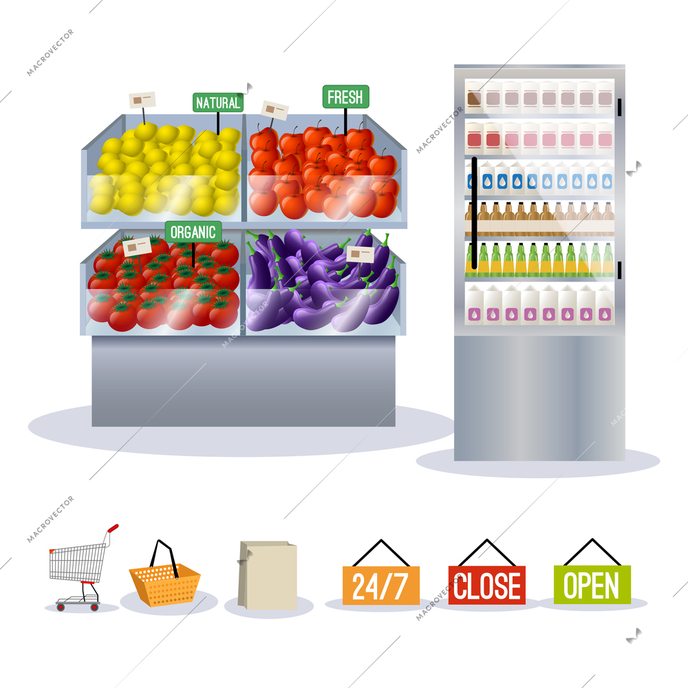 Supermarket fruits and vegetables on shelves set and shopping signs isolated vector illustration